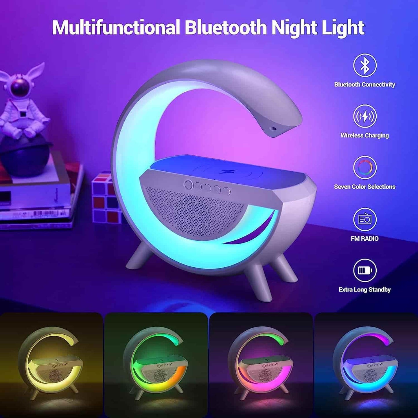 Multicolor G Lamp with Bluetooth Speaker, Wireless Charger, and Alarm Clock